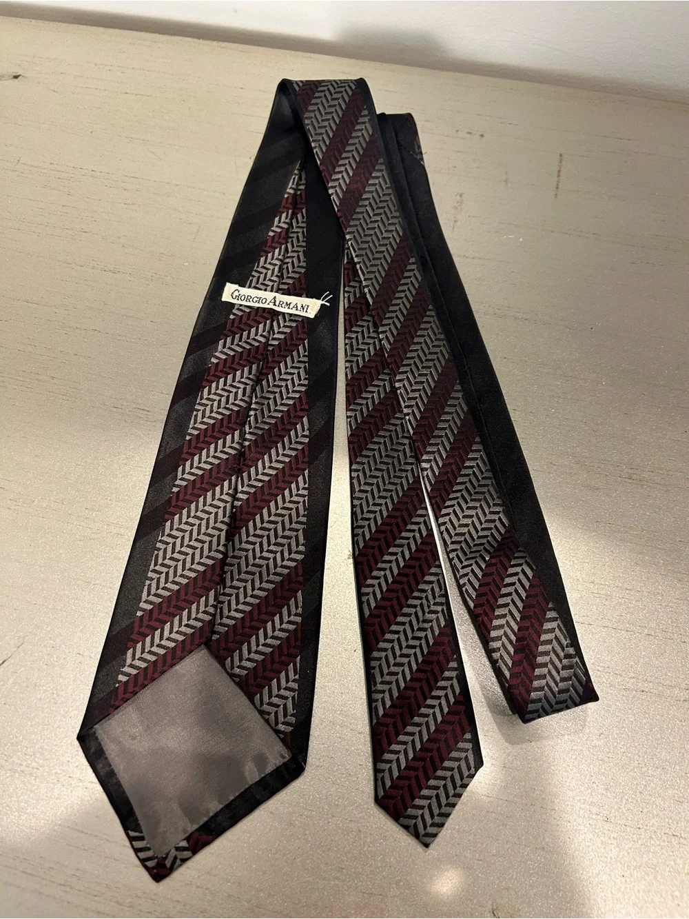 Giorgio Armani Black Tie with Burgundy & Gray Chevron Stripes